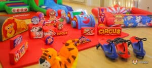 soft play with ball pool and tiger rocker.