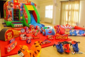 children's vibrant party toys with animals and clowns.