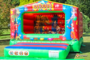 A lively bouncy castle with a smiling clown on top, ready to entertain children in a joyful outdoor setting.