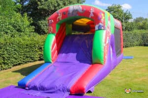 Colorful inflatable slide with playful designs, set on a grassy area surrounded by greenery, inviting outdoor fun for children.