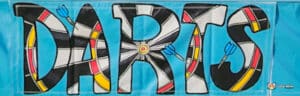 Colorful "DARTS" banner featuring bold letters and dartboard graphics against a bright blue background.