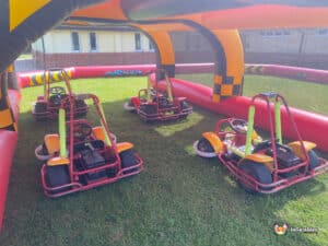 Exciting go-karting event in a park, displaying karts racing on a track amidst trees and cheering spectators.