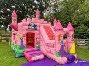A colourful princess castle bouncer featuring a slide, designed for children to play and have fun at outdoor events.