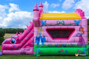 Viewing window on bouncy castle with princess artwork.