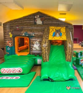 A vibrant bouncy castle with a front slide, decorated with playful farm animal illustrations in a farmyard theme.
