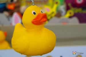 A cheerful yellow rubber duck with a bright orange beak, hanging against a colorful, playful background of other toys.