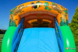 A colorful inflatable jungle-themed slide featuring playful monkeys and a toucan, set against a clear blue sky.
