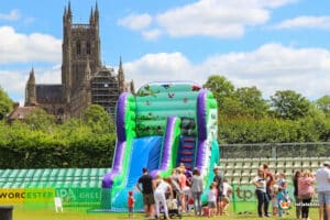 A large slide for events with bright jungle themed art work.