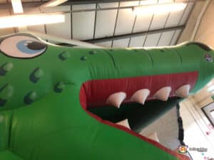 A colorful inflatable crocodile slide with a large mouth, designed for children's entertainment at parks or backyard events.