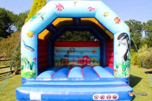 A colourful inflatable bouncy castle featuring ocean-themed decorations, including fish, dolphins, and an octopus, set in a grassy area.