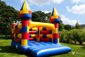 A colourful inflatable bouncy castle with blue, yellow, and red panels, featuring castle-style turrets, set in a grassy outdoor area.