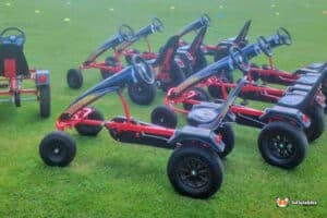 A lineup of vibrant go-karts positioned on grass, prepared for an exciting race.