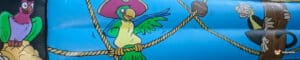 Colorful cartoon birds and a monkey playfully interact on a vibrant blue backdrop, featuring ropes and playful pirate elements.