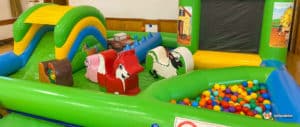 A vibrant children's play area showcasing a ball pit, an inflatable slide, and playful farm animal figures.