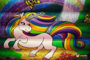 A colorful cartoon unicorn with a rainbow mane prances happily among vibrant flowers, butterflies, and a sparkling waterfall backdrop.