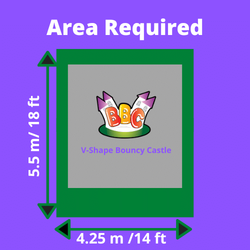 Graphic displaying the area dimensions (5.5 m x 4.25 m) required for a V-shape bouncy castle, set against a purple background.