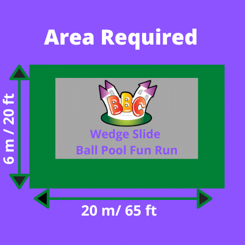 Wedge Slide Ball Pool Fun Run Area Rectangular area dimensions for "Wedge Slide Ball Pool Fun Run", measuring 20m x 6m, with a purple background.