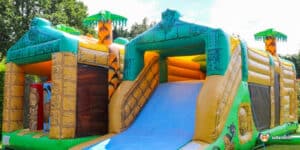 Colorful inflatable jungle slide with a slide and Aztec Maze theme, perfect for outdoor fun and adventure.