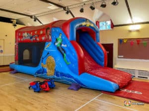BBC Inflatables Superhero Fun Run setup in the Hall