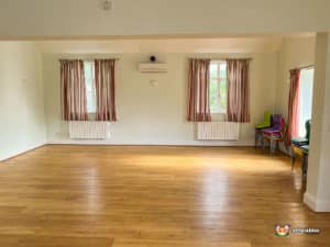 two windows and hardwood floor.
