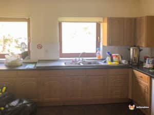 Kitchen sink and window.