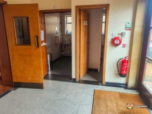 Toilet doors and hallway space.