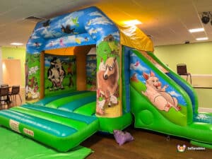 A lively farm-themed bouncy castle featuring a slide, creating an engaging play space for kids at outdoor events
