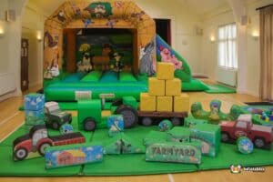 A vibrant farmyard play area featuring colorful play structures and children engaging in imaginative play outdoors.