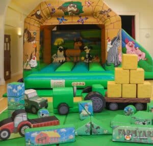 A fun-filled farmyard play area for children, with colorful equipment and kids happily exploring and playing together.