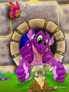 . A cheerful cartoon dragon is depicted inside a whimsical castle, surrounded by colorful walls and playful decor.