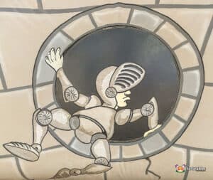 A cartoon character peeks out from a hole in a stone wall, set in a medieval-themed environment.