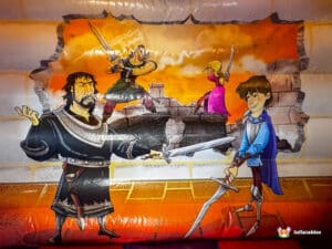 A vibrant illustration featuring two knights with swords, set against a dramatic castle backdrop and a colorful sunset sky.