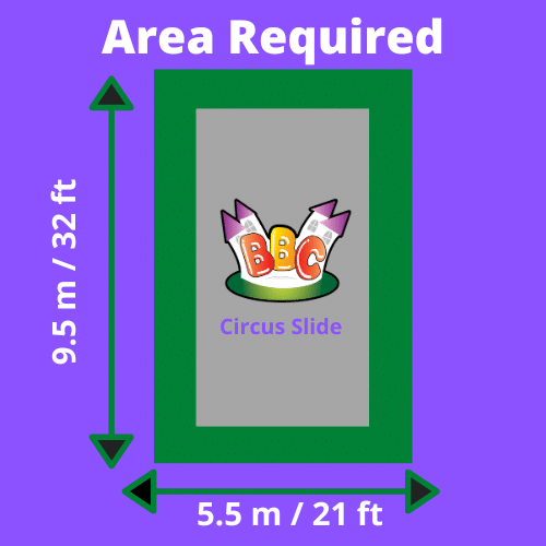 Circus Slide Diagram showing the required area for a "Circus Slide," measuring 9.5 m by 5.5 m, with labeled dimensions and a colorful logo.