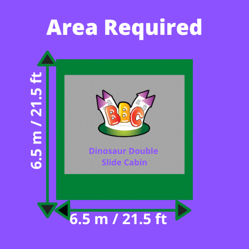 Dinosaur Cabin Graphic showing the area dimensions (6.5 m / 21.5 ft) for a Dinosaur Double Slide Cabin against a purple background.