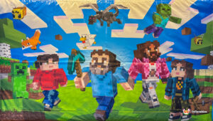 Close-up of the back wall artwork inside the inflatable, featuring various Minecraft characters and mobs, including the Ender Dragon, a Zombie, a Creeper, and several player avatars.