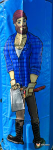 Artwork on a side pillar depicting a bearded male lumberjack character in a blue flannel shirt and red beanie holding an axe.